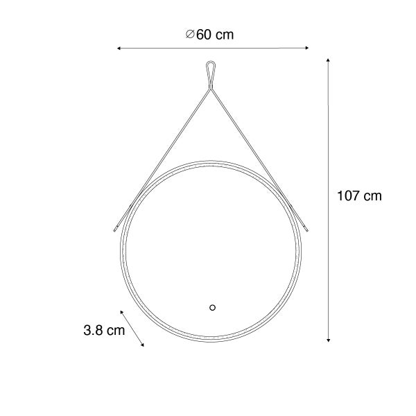 Technische Zeichnung eines runden Spiegels mit Aufhängung und den Maßen 60 cm Durchmesser, 107 cm Höhe und 3,8 cm Spiegelstärke.
