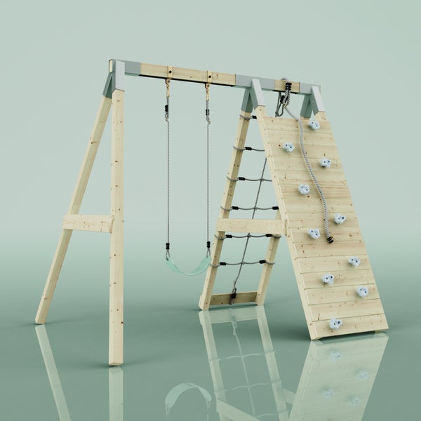 Schaukelgestell aus Holz mit Kletterwand, Kletternetz und einer Schaukel.