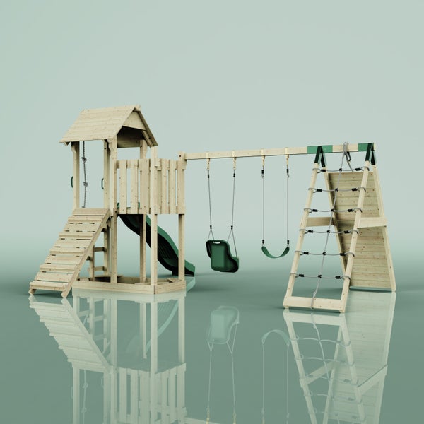 Holzspielturm mit Rutsche, Schaukeln und Kletterwand für den Außenbereich