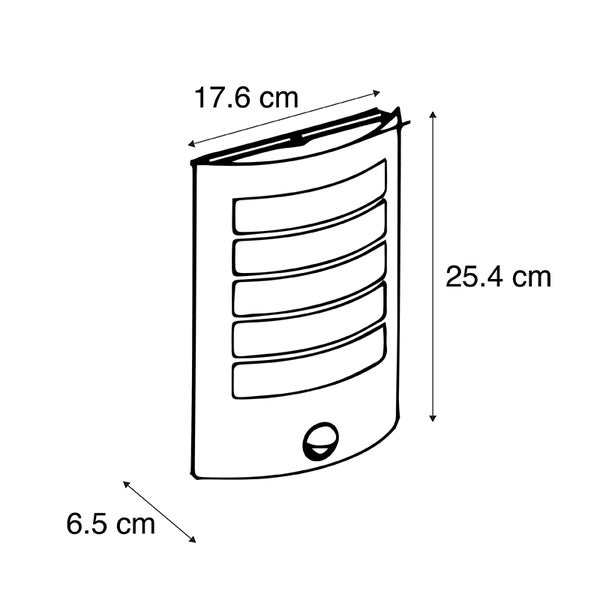 Technische Zeichnung einer Außenwandleuchte mit Sensor. Maße: Höhe 25,4 Zentimeter, Breite 17,6 Zentimeter, Tiefe 6,5 Zentimeter.