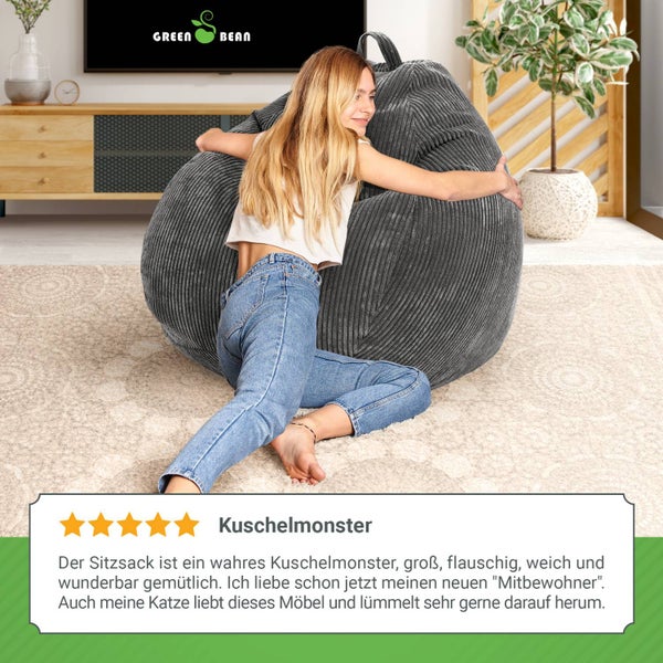 Green Bean Indoor Sitzsack 90x110cm EPS-Perlen Füllung & Cordstoff Kuschelig Weich Waschbar - Drinnen Bodenkissen Liegekissen Sitzkissen Sitzhocker Relax-Sessel Kinder Erwachsene Stoff Anthrazit