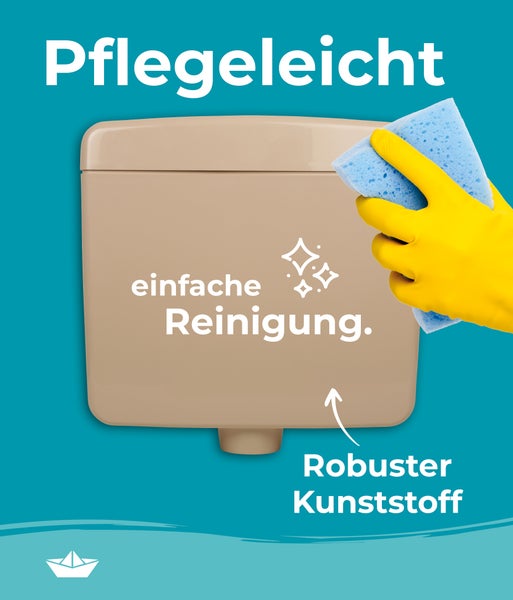 Spülkasten aus Kunststoff mit pflegeleichter Oberfläche bei der Reinigung mit einem Schwamm.