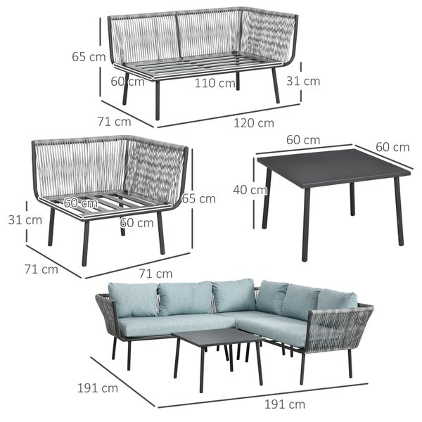 Garten-Lounge-Set bestehend aus Ecksofa und Tisch mit Maßen in Zentimeter. Gestell aus Metall mit Seilbespannung und hellblauen Polstern.