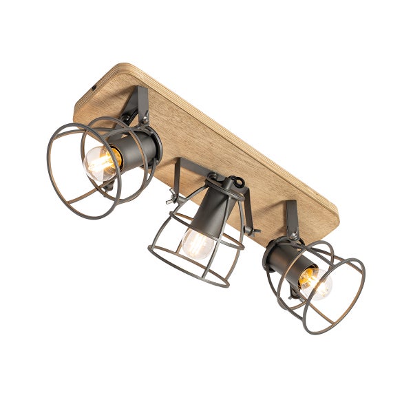 Dreiflammige Deckenleuchte mit Holzplatte und verstellbaren Metallstrahlern im Gitterdesign.