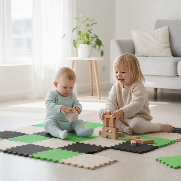 Zwei Kinder spielen auf einer Steckmatte mit quadratischen Elementen in einem hellen Wohnzimmer mit Holzbausteinen.