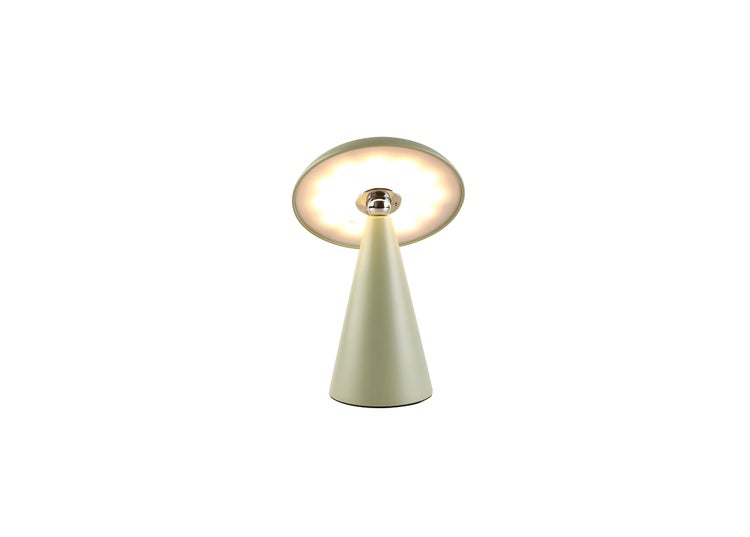 Moderne LED Tischleuchte mit kegelförmigem Fuß und flachem Lampenschirm.