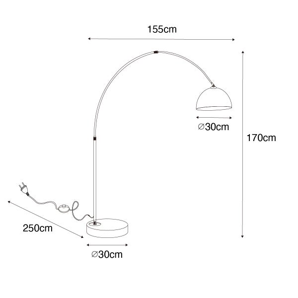 Maße einer Stehlampe mit Bogen, Höhe 170 cm, Ausladung 155 cm