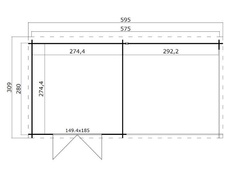 Grundrisszeichnung eines Gartenhauses mit zwei Räumen und detaillierten Maßangaben in Zentimetern.