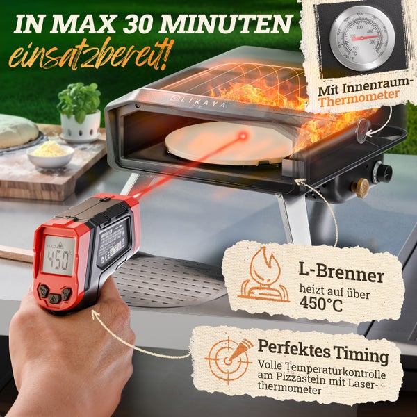 Pizzaofen mit Innenraumthermometer und Laserthermometer zur Temperaturkontrolle des Pizzasteins
