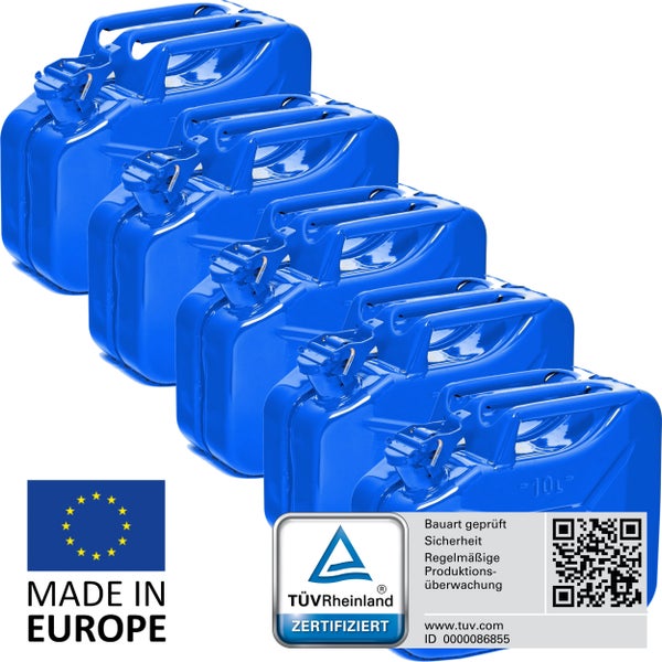 Fünf blaue 10 Liter Kraftstoffkanister aus Stahl