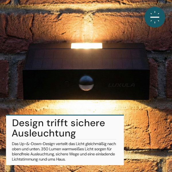 Schwarze Solar-LED-Außenwandleuchte mit Bewegungsmelder an einer Ziegelwand, strahlt warmweißes Licht mit 350 Lumen nach oben und unten.