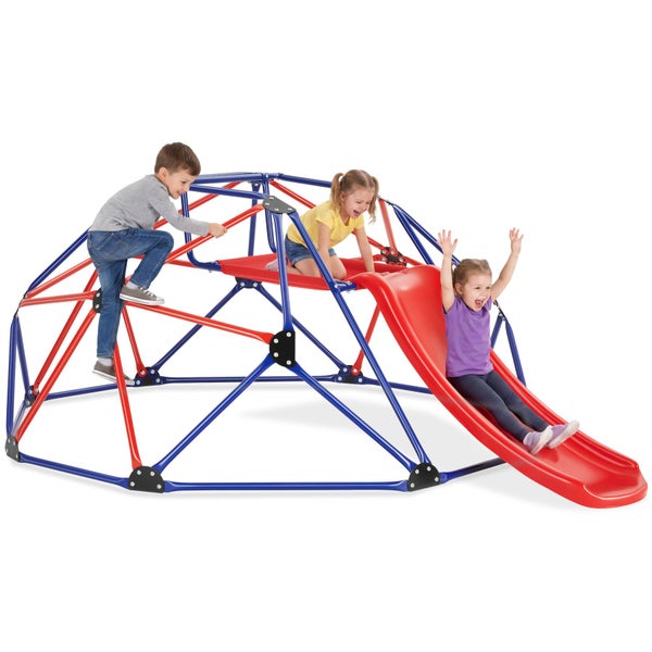 Kinder spielen auf einem rot-blauen Kletterdom mit integrierter Rutsche aus pulverbeschichtetem Stahl in einem hellen Zimmer. tectake Logo.