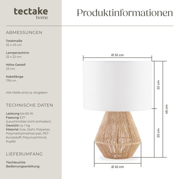 Technische Zeichnung einer Tischleuchte mit Jute Fuß und zylindrischem Schirm von Tectake Home mit Maßangaben für Höhe und Durchmesser.