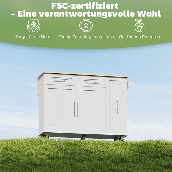 Mobiler weißer Küchenwagen mit Holzplatte, zertifiziert durch Forest Stewardship Council für verantwortungsvolle Waldwirtschaft und Naturschutz.