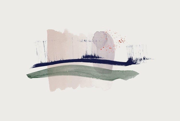 Abstrakte Wanddekoration mit Pinselstrichen und organischen Formen im Aquarell-Stil.