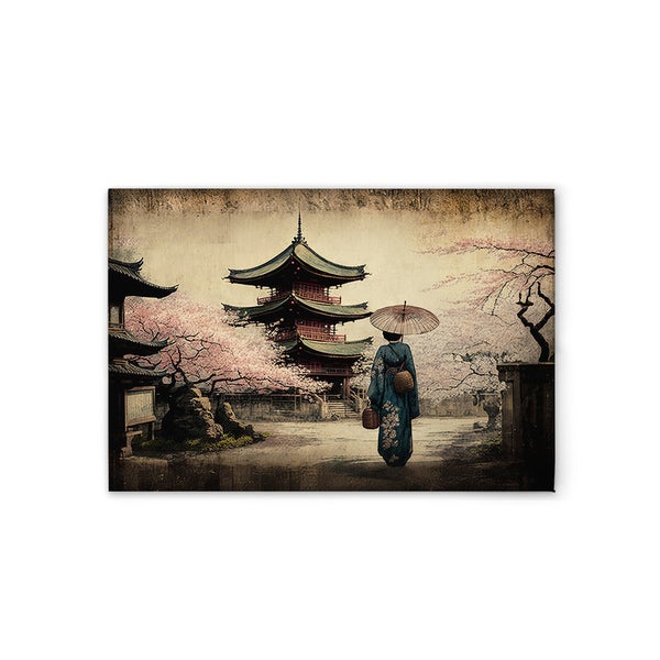 Illustration eines japanischen Gartens mit Pagode, Kirschblüten und einer Frau mit einem Sonnenschirm