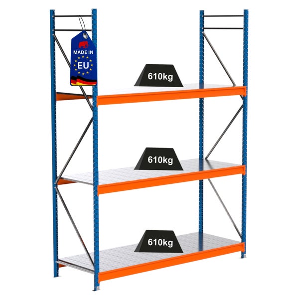Lagerregal mit drei Ebenen und dem Hinweis Made in EU