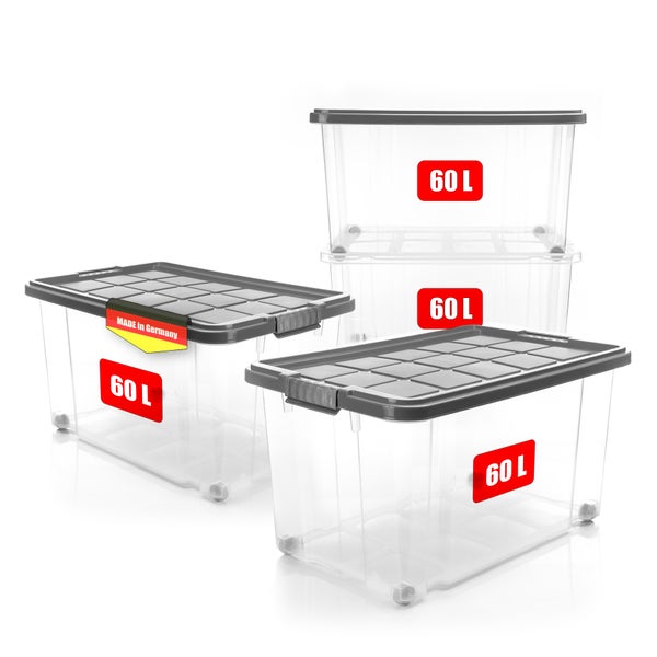 BigDean 4 Stück 60 L Aufbewahrungsbox mit Deckel groß stahlgrau - stapelbare robuste Box BPA-frei - rollbare Stapelbox mit festen Klickverschlüssen - Made in Germany