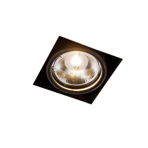 Quadratischer Einbaustrahler in Schwarz mit rundem Leuchtmittel und strukturiertem Reflektor.