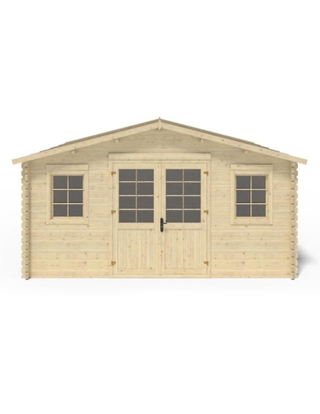 Technische Zeichnung eines Gartenhauses aus Holz mit Vorderansicht, Seitenansicht, Grundriss und perspektivischer Ansicht mit Maßangaben.