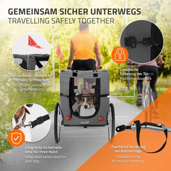 Fahrradanhänger für Hunde mit Sicherheitsfunktionen wie Wimpel, Türschloss, Sicherheitsleine und doppelter Radmontagesicherung