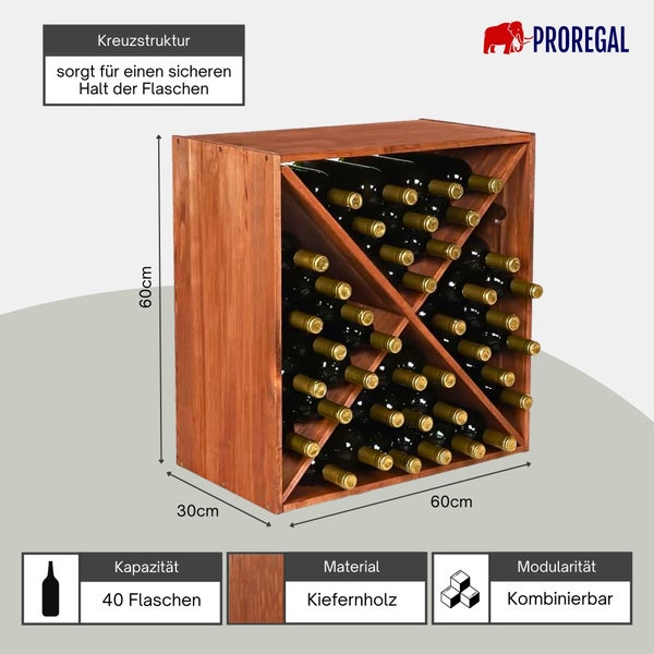 Proregal Weinregal aus Kiefernholz mit Kreuzstruktur für 40 Flaschen, modular kombinierbar, Maße 60 mal 60 mal 30 Zentimeter, Proregal Logo.