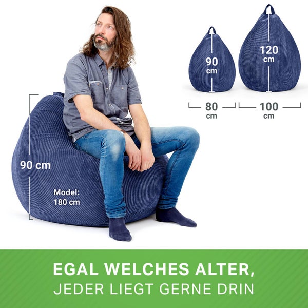 Green Bean Indoor Sitzsack 90x110cm EPS-Perlen Füllung & Cordstoff Kuschelig Weich Waschbar - Drinnen Bodenkissen Liegekissen Sitzkissen Sitzhocker Relax-Sessel Kinder Erwachsene Stoff Dunkelblau