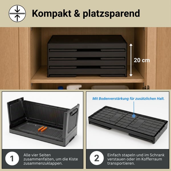 Stapelbare Klappbox aus Kunststoff, zusammenklappbar und platzsparend im Schrank verstaubar, mit verstärktem Boden und 20 Zentimeter Stapelhöhe.