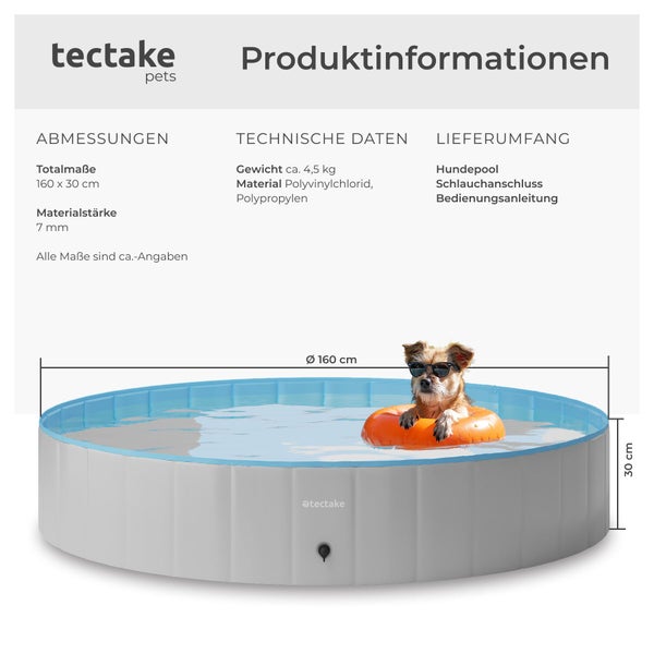 Produktinformationen für den tectake pets Hundepool mit Maßen 160 mal 30 Zentimeter sowie technischen Daten zu Material und Gewicht.