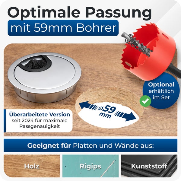 Bruce.® 2x Kabeldurchführung aus Metall, ø 60mm, Inkl. 2x Gummidurchlass, Hochwertiger Kabeldurchlass für Möbel und Schreibtisch, Endlich Ordnung am Arbeitsplatz (2, Silber)