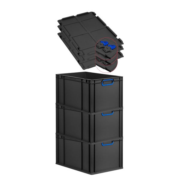 PROREGAL SuperSparSet 3x Eurobox NextGen Color mit Scharnierdeckel und Schiebeschnappverschlüssen, HxBxT 32x40x60cm, 65 Liter, Schwarz, Griffe blau geschlossen, Verstärkter Boden, Eurobehälter, Transportbox, Transportbehälter, Stapelbehälter