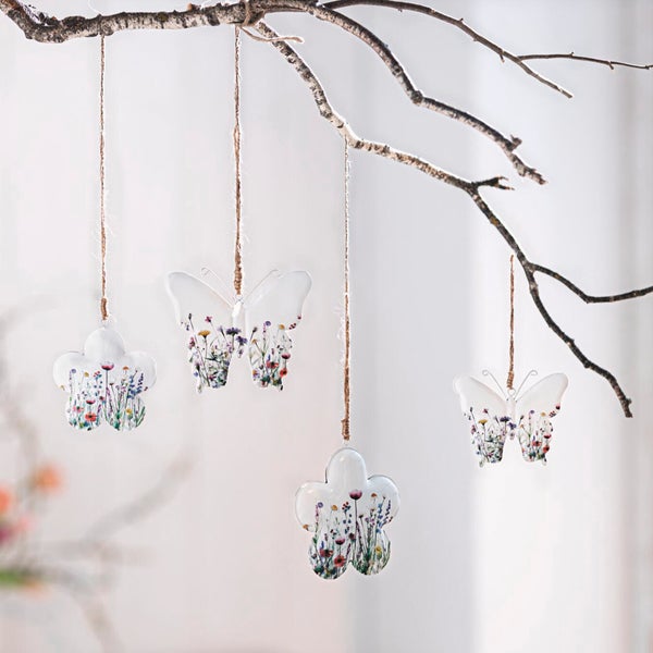 FRANK FLECHTWAREN|Hänger Frühlingswiese, 4er Set, 11 x 9 cm, 10 x 10 cm, 14 x 11,5 cm, 13 x 13 cm, METALL, JUTE