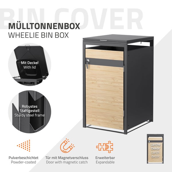 Mülltonnenbox aus Stahl mit Lärchen-Dekor, Deckel, Magnetverschluss, pulverbeschichtet und erweiterbar.