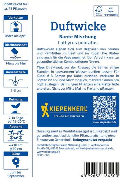 Saatgut Duftwicke Bunte Mischung Lathyrus odoratus von Kiepenkerl mit Aussaat- und Pflegehinweisen auf der Packungsrückseite.