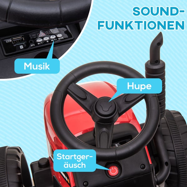 HOMCOM Elektrischer Traktor mit Anhänger, Fernbedienung, MP3 Funktion, Scheinwerfer, 3-6KM/H, für 3-6 Jahre Kinder, 136,5L x 50B x 52,5H cm, Kunststoff, Metall, Rot