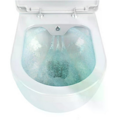 Randloses WC aus Keramik mit kraftvoller Spülung und sichtbarem Wasserwirbel im Inneren.