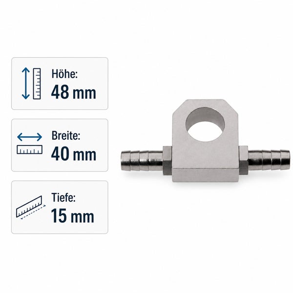 Metall Schlauchverbinder mit Maßangaben zur Höhe 48 Millimeter, Breite 40 Millimeter und Tiefe 15 Millimeter