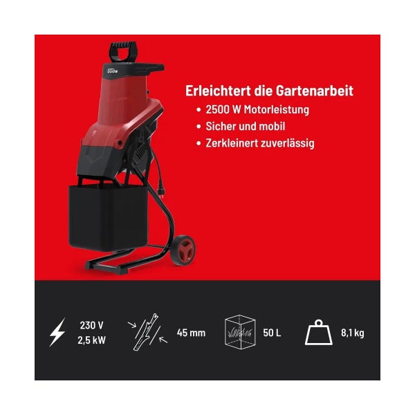 Güde Messerhäcksler, 2500 Watt Motorleistung, 230 Volt, maximale Aststärke 45 Millimeter, 50 Liter Fangkorb und Gewicht 8,1 Kilogramm.