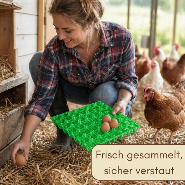 Eine Frau sammelt Eier im Hühnerstall und legt sie in eine grüne Eierhorde aus Kunststoff. Im Hintergrund sind Hühner auf Stroh zu sehen.