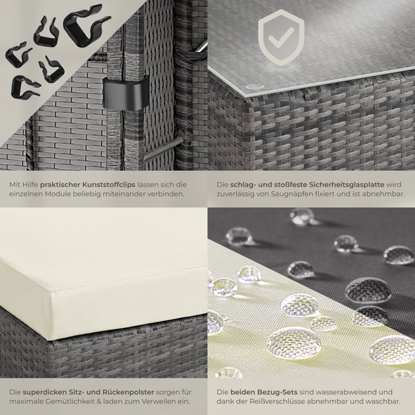 Detailansicht von Verbindungselementen, Sicherheitsglasplatte, Sitzpolstern und wasserabweisenden Bezügen eines Lounge Sets