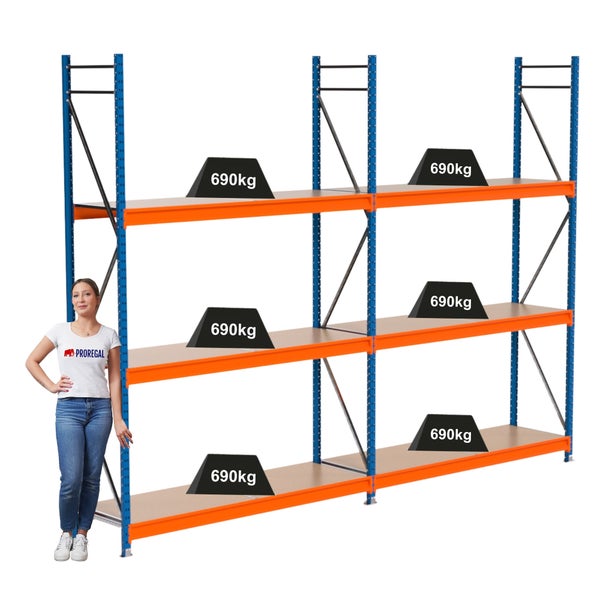 Regal mit drei Ebenen, Lastangabe 690 Kilogramm je Ebene und einer Frau als Größenvergleich