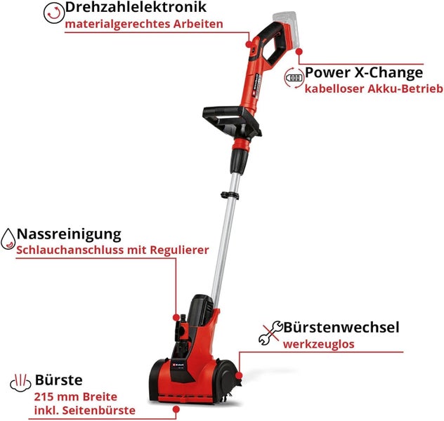 Einhell Akku-Oberflächenbürste PICOBELLA mit Power X-Change, Nassreinigungsfunktion, Drehzahlregulierung und 215 Millimeter breiter Bürste.