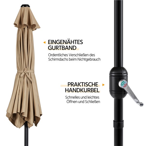 Geschlossener Sonnenschirm mit eingenähtem Gurtband und Handkurbel