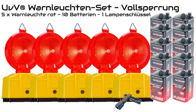 Vollsperrung Set 5 x LED Warnleuchten rot zweiseitger Lichtaustritt inkl. 10 x 6 Volt Batterien