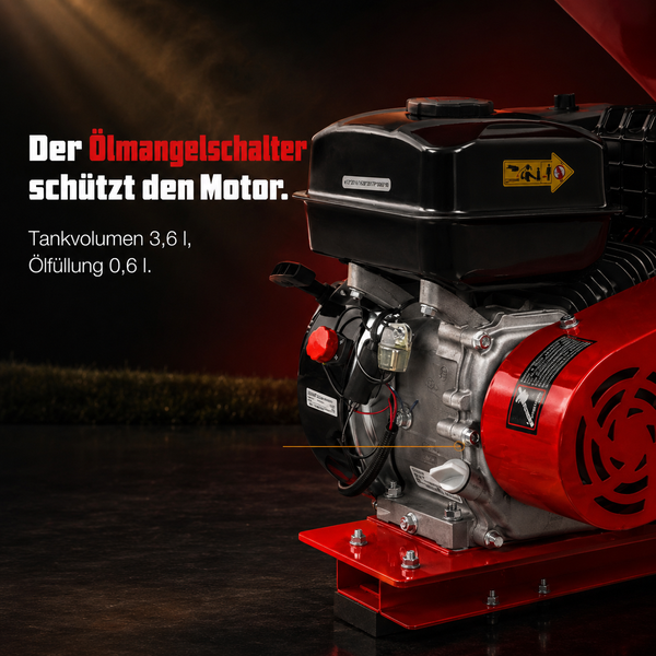 Benzinmotor mit Ölmangelschalter zum Schutz des Motors. Tankvolumen 3,6 Liter, Ölfüllmenge 0,6 Liter.