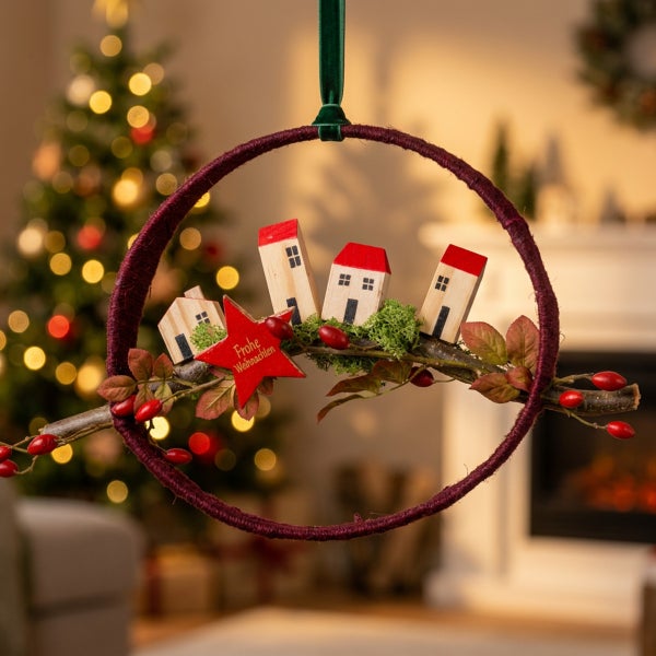 Weihnachtsdekoration als Ring mit Holzhaeusern, rotem Stern und Zweigen vor verschwommenem Weihnachtsbaum