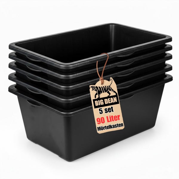Set aus 5 stapelbaren Mörtelkasten aus Kunststoff mit einem Fassungsvermögen von jeweils 90 Liter.
