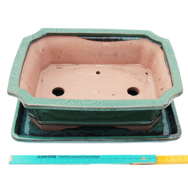 Rechteckige Bonsaischale aus Keramik mit Untersetzer