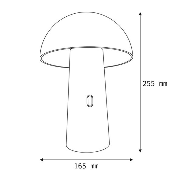 Technische Zeichnung einer Tischleuchte in Pilzform mit Maßen von 165 Millimeter Breite und 255 Millimeter Höhe.