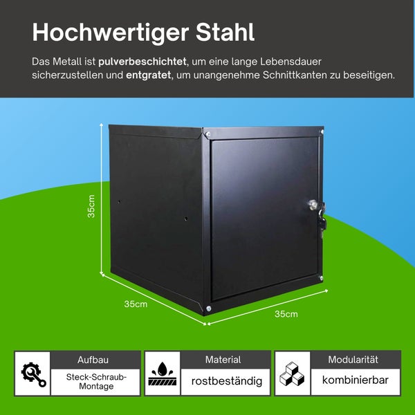 Schwarzer modularer Stahl-Würfel-Schrank, 35 mal 35 mal 35 Zentimeter, mit Schloss, Schlüssel, rostbeständig, einfache Montage.